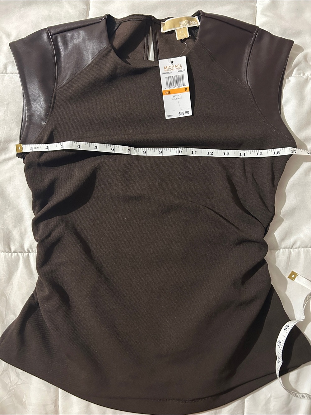 Michael Kors Brown Cap-Sleeve Ponte Top with Faux-Leather Shoulders